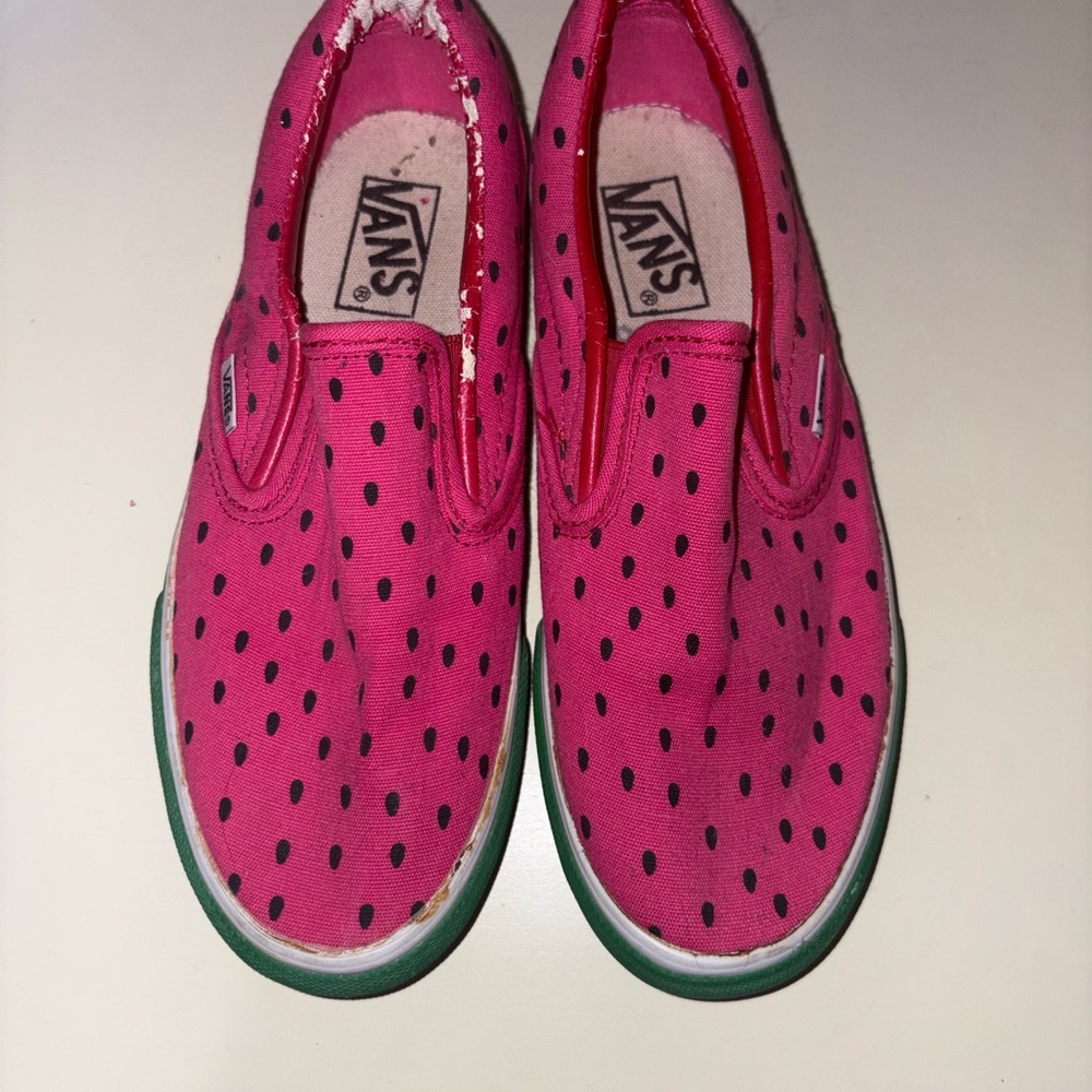 Vans Watermelon Slip-On Sneakers with Black Dot Print and Green Trim
